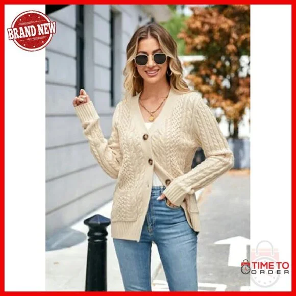 Chunky Cable Knit Cardigan Open Front Button Down Pockets Women's Sweater - Picture 5 of 8